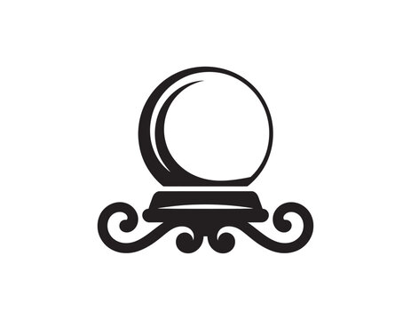 A black and white vector illustration of a crystal ball sitting on an ornate decorative stand
