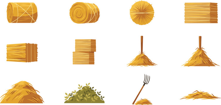 Hay Bale and Haystack Icon Set with Various Styles of Agriculture Straw Bundles and Pitchfork Symbols for Farming Harvest and Rural Countryside Designs