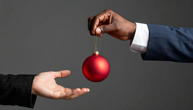 Business Hand Offering a Red Bauble to Another Hand