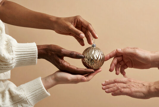Diverse Hands of All Ages Reaching for a Christmas Bauble