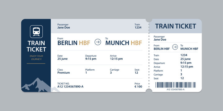 Vector flat train ticket template with passenger information and trip.