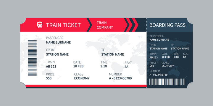 Vector flat train ticket template with passenger information and trip.