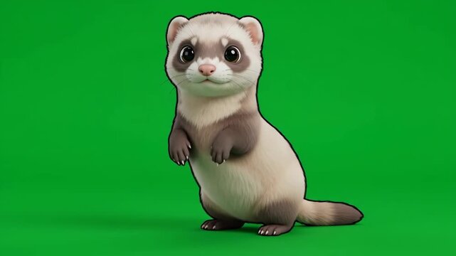 Adorable ferret standing on its hind legs against a vibrant green screen background, showcasing its cute features and playful demeanor.