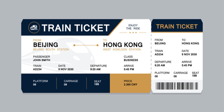 Vector flat train ticket template with passenger information and trip.