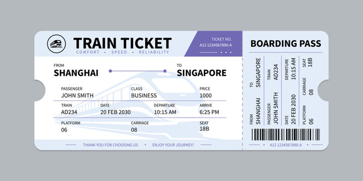 Vector flat train ticket template with passenger information and trip.