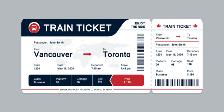 Vector flat train ticket template with passenger information and trip.