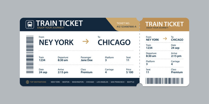 Vector flat train ticket template with passenger information and trip.