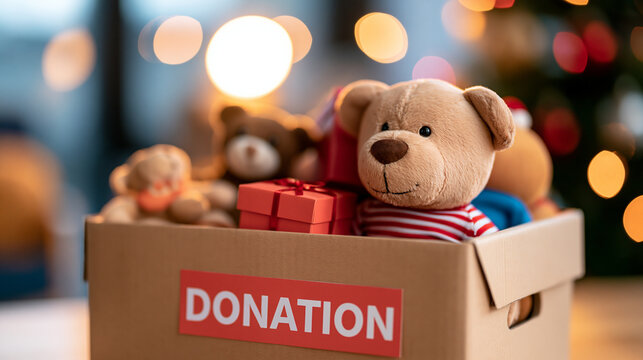 christmas toy donation box displayed with a soft focus effect in bright even lighting, holiday spirit concept, giving, festive, colorful, bright, with copy space