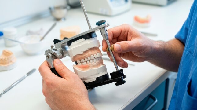 Dental specialist adjusting a plaster jaw model mounted in an articulator to evaluate bite alignment and occlusion during prosthetic treatment planning.