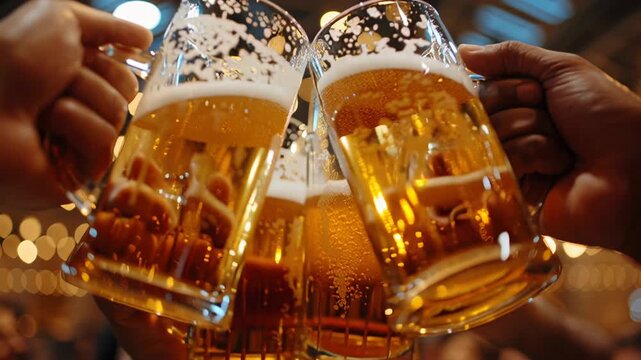 Closeup hands clinking amber beer glasses under warm string lights, cozy indoor market atmosphere, condensation on glass, celebratory mood among friends, casual