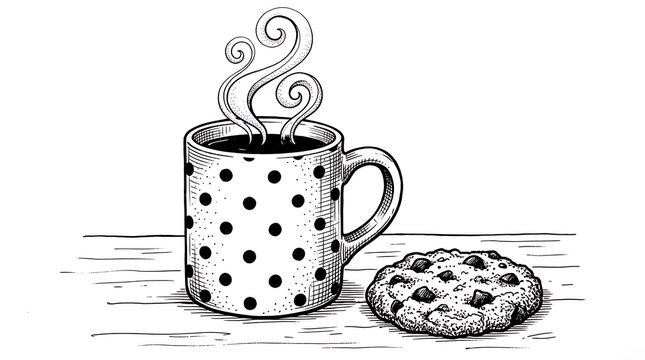 Hand drawn illustration of a polka dot mug of hot coffee with a chocolate chip cookie