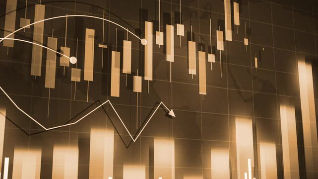 Financial chart background with rising bar graph and candlestick market data showing growth profit and upward trend animation