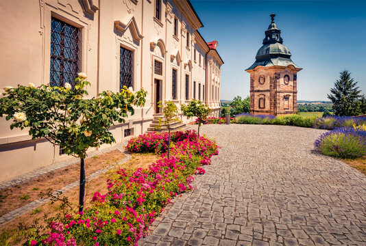 Astonishing summer view of Chotesov Abbey. Wonderful morning cityscape of Chotesov town in Plzen-South District in the Plzen Region, Czech Republic, Europe. Traveling concept background.