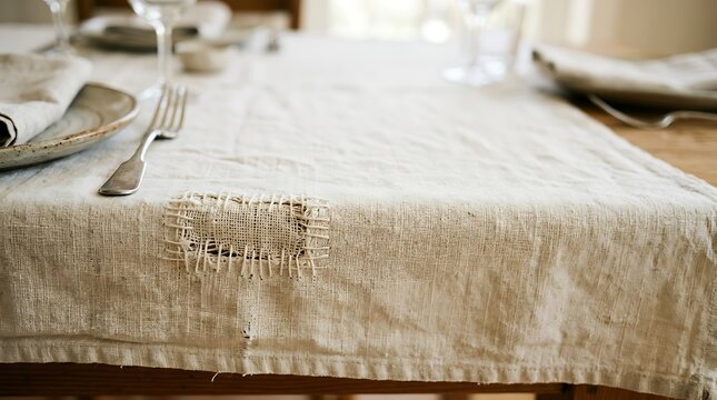 Mended linen tablecloth on a rustic dining table