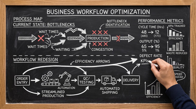 A detailed flowchart depicting business workflow optimization on a chalkboard, with a hand drawing lines and adding notes. The diagram illustrates process mapping, bottleneck identification.