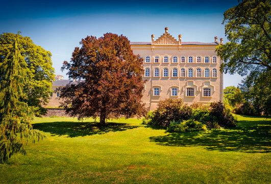 Bright morning view of Chyse castle. Breathtaking summer scene of Chyse town, town, Karlovy Vary Region, Czech Republic, Europe. Traveling concept background.