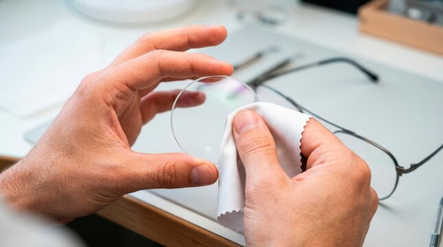 Optical practitioner carefully cleaning a new prescription lens with a microfiber cloth before assembling and fitting the glasses.