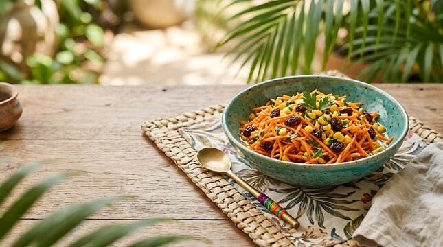 Fresh carrot and corn salad in a turquoise bowl on a wooden table