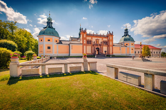 Majestic summer view of Holy Mountain Church - Baroque-era pilgrimage church of Virgin Mary. Spectacular afternoon scene of Pribram, Central Bohemian Region, Czech Republic, Europe.