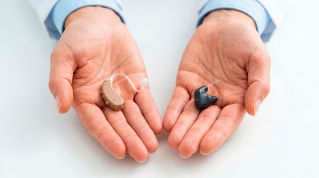 Hearing care professional presenting beige and black hearing aids in both hands to compare styles and select a suitable device for the patient.