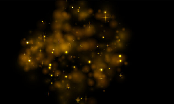 Glittering yellow dust forms a luminous sparkling cloud. Bright stars and glowing particles add dreamy magic. Ideal for festive cards, Christmas designs, and elegant transparent vector overlays PNG.