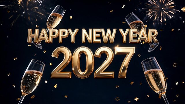 Luxury New Year's Eve 2027 advertising poster with exact &ldquo;HAPPY NEW YEAR 2027&rdquo; typography, metallic 3D letters, champagne glasses, golden confetti and subtle fireworks against a dark night sky.