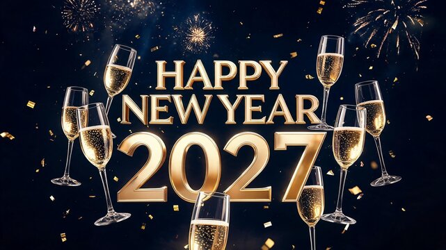 Luxury New Year's Eve 2027 advertising poster with exact &ldquo;HAPPY NEW YEAR 2027&rdquo; typography, metallic 3D letters, champagne glasses, golden confetti and subtle fireworks against a dark night sky.