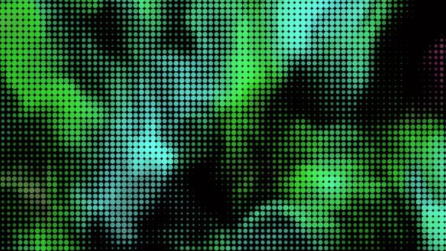 Abstract green digital halftone dot pattern background with glowing neon lights and mysterious dark atmospheric motion effect