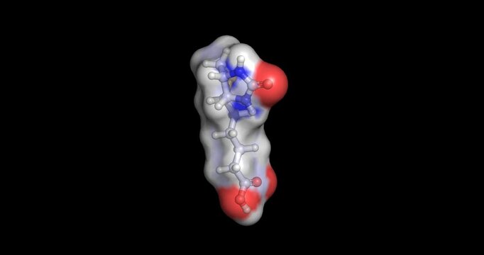 Biotin (Vitamin B7), water-soluble vitamin and essential coenzyme for carboxylase enzymes in metabolic carboxylation reactions, 3D molecule spinning, 4K