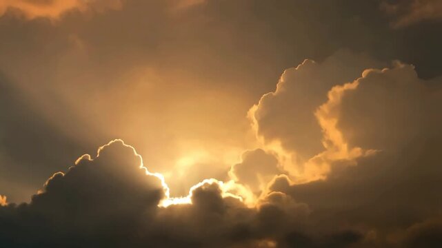 Sunlight breaking through dramatic golden hour storm clouds creating a powerful heavenly illumination across the evening sky.