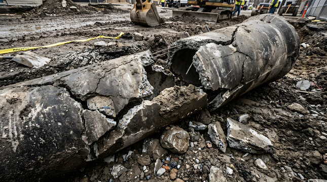Cracked Concrete Drainage Pipe Lying in Earth Trench on Construction Site | Damaged Reinforced Concrete Culvert Pipe Broken on Muddy Ground | Severed Concrete Sewer Pipe Undergoing Replacement at Road