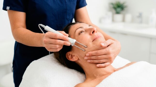 Skincare professional guiding a microcurrent device across a woman&rsquo;s face during a lifting and rejuvenating cosmetic treatment.