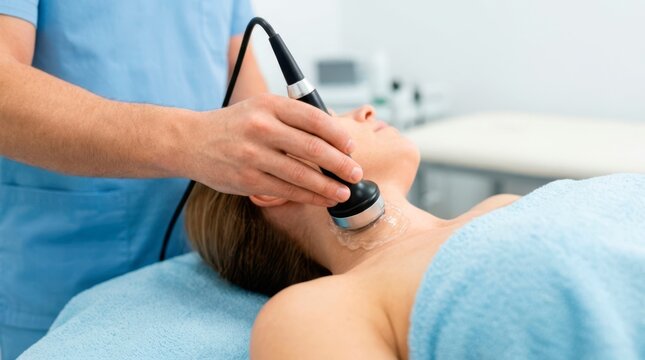 Therapist using an ultrasound applicator on a woman&rsquo;s neck and shoulder during a noninvasive skin and tissue treatment.