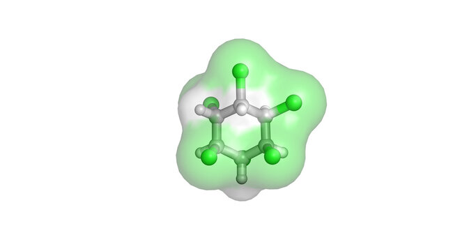 Lindane ($\gamma$-hexachlorocyclohexane), organochlorine insecticide and ectoparasiticide formerly used in agriculture and pharmaceutical treatments for scabies and lice, 3D molecule 4K