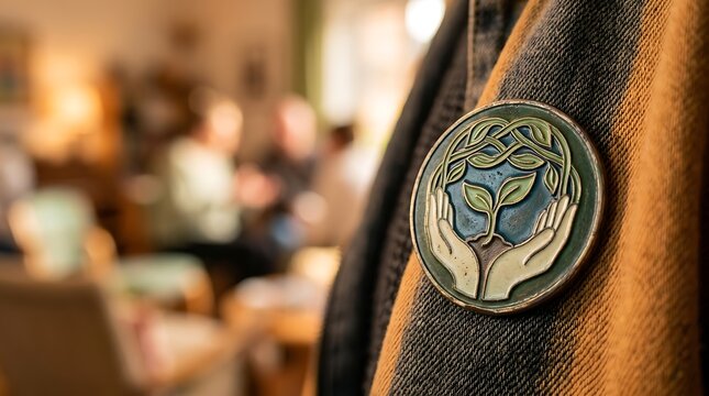 Enamel badge showing hands protecting a sprout on a fabric jacket