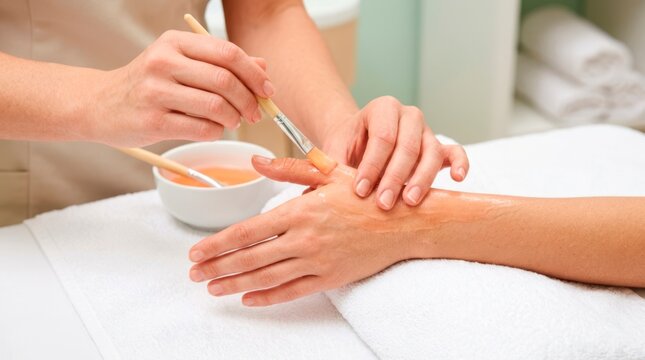 Wellness specialist applying warm paraffin wax to a patient&rsquo;s hand to relieve joint stiffness, improve circulation, and support arthritis therapy.