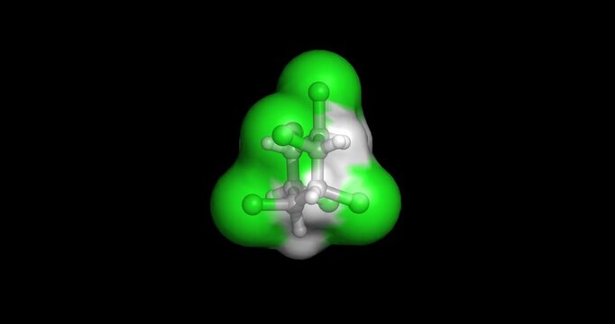 Lindane ($\gamma$-hexachlorocyclohexane), organochlorine insecticide and ectoparasiticide formerly used in agriculture and pharmaceutical treatments for scabies and lice, 3D molecule spinning, 4K