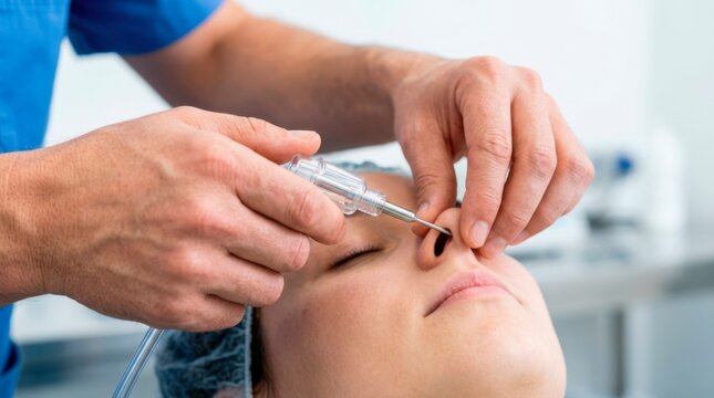 Respiratory specialist positioning a nasal inhaler at a woman&rsquo;s nostril during treatment for congestion and airway discomfort.