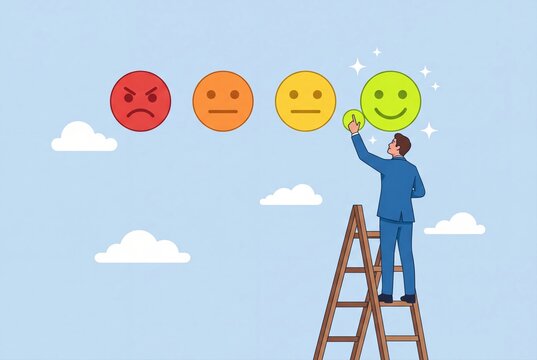 Businessman climbing ladder to place a positive feedback rating icon