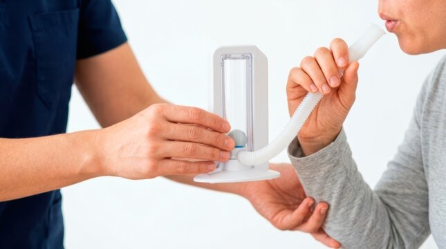 Respiratory therapist guiding a patient using an incentive spirometer to exercise the lungs, improve airflow, and support pulmonary recovery.
