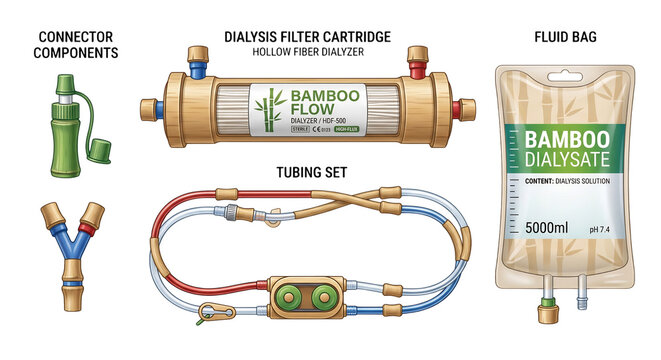 Medical Equipment Set for Renal Replacement Therapy Featuring Dialyzer Cartridge Tubing and Fluid Solution Bag for Healthcare Procedures