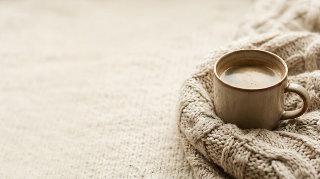 Hot coffee cup wrapped in a warm beige knitted sweater