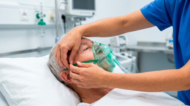Nurse adjusting an oxygen mask on a senior patient to provide respiratory support and ensure a secure fit during hospital treatment.