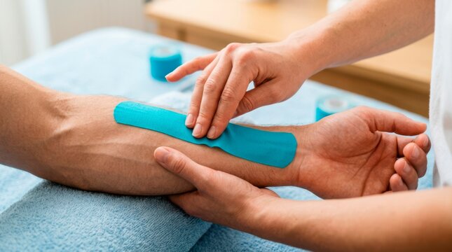 Therapist adjusting kinesiology tape on a patient&rsquo;s forearm to support muscles, reduce pain, and improve mobility during rehabilitation.