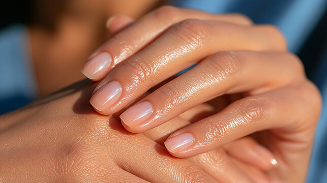 close-up of natural fingernails without polish, clear cuticles and hydrated skin in bright even lighting, traditional healthy nail care concept, natural beauty, bright, with copy