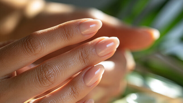 close-up of natural fingernails without polish, clear cuticles and hydrated skin in bright even lighting, traditional healthy nail care concept, natural beauty, bright, with copy