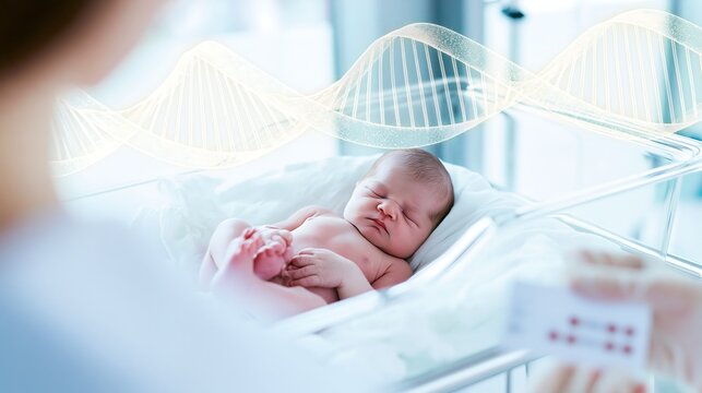Sleeping newborn with prominent DNA helix and blood spot screening card, illustrating genomic testing, hereditary disease risk and early pediatric detection
