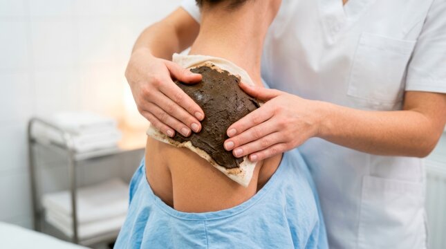 Therapist applying a warm mud pack to a patient&rsquo;s shoulder to relieve joint pain, reduce muscle tension, and support natural rehabilitation.