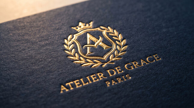 Gold foil embossed luxury crest logo mockup with crown and letter A on textured navy blue paper