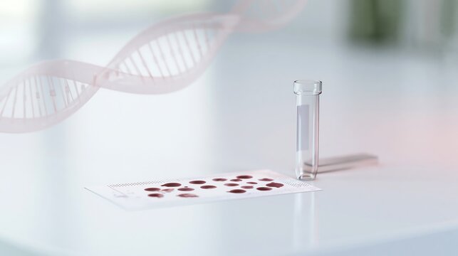 Dried blood spot card and sample tube with DNA helix in laboratory setting, illustrating newborn screening, genetic analysis and preventive diagnostic testing